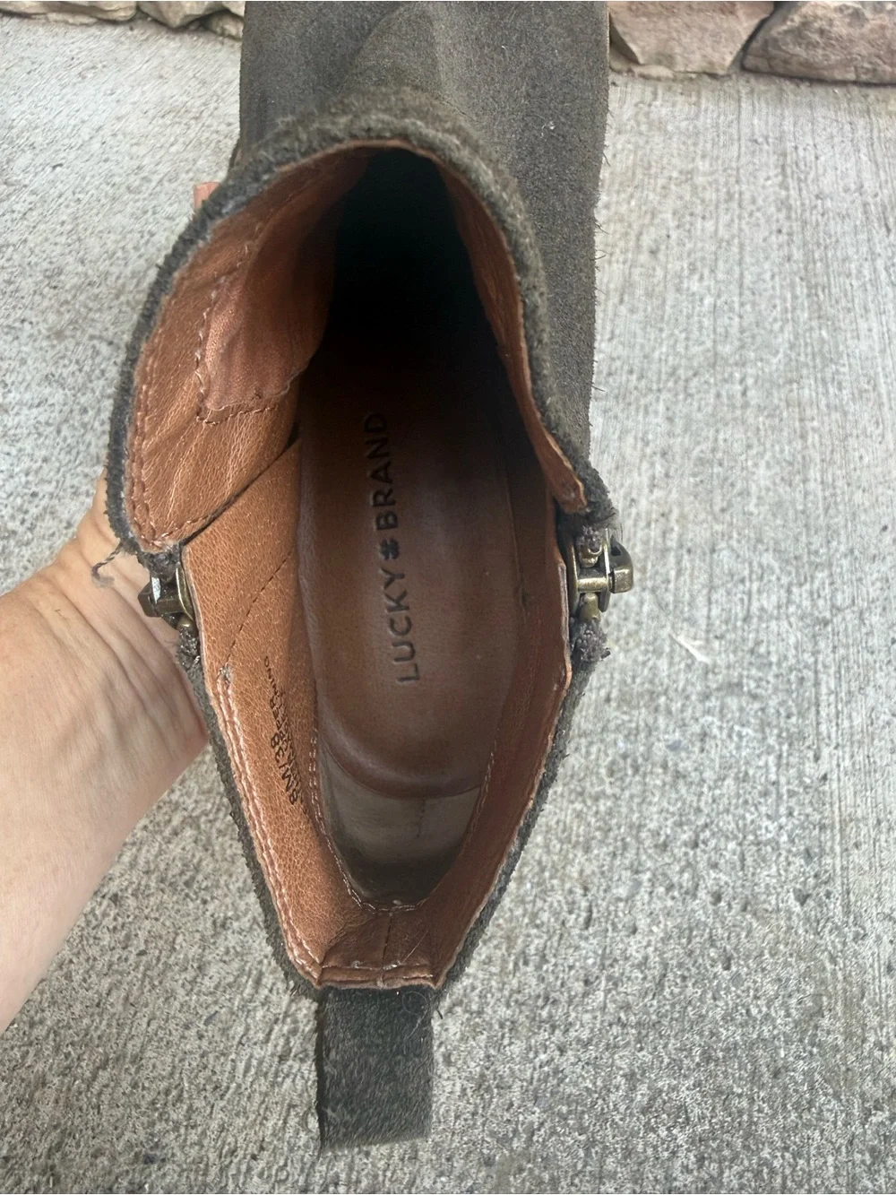 Lucky Brand Dark Olive Suede Ankle Booties with Side Zip